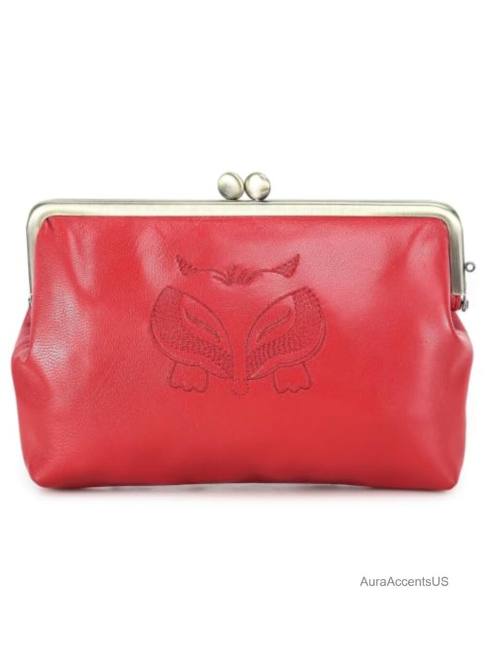 Vintage Full Grain Goat Leather Fox Embroidered Kiss Lock Clutch Evening Bag
